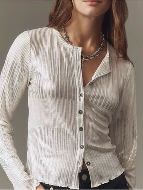 Pilcro Anthropologie Andie Silver Shimmer Ribbed Cardigan Sweater Size M